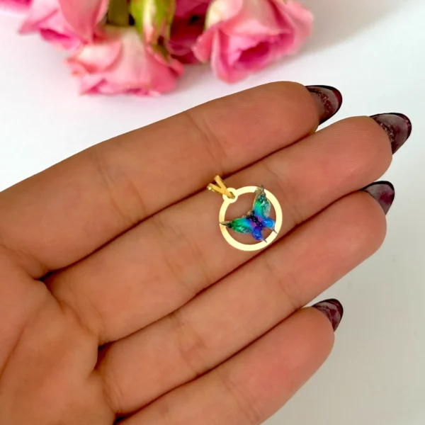 آویز طلا دایره و پروانه سنگی سبز و بنفش و آبی شاینی زنانه دخترانه کادویی