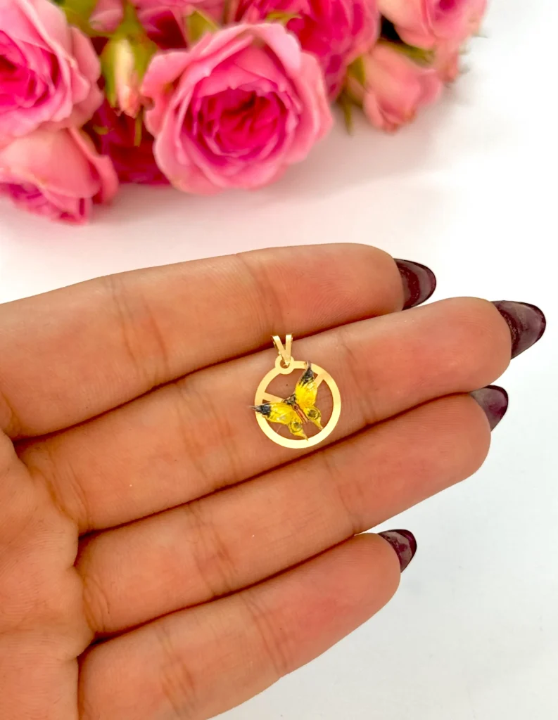 آویز طلا دایره و پروانه سنگی زرد و سرمه ای شاینی زنانه دخترانه کادویی