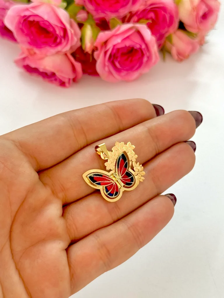 آویز طلا پروانه سوارفسکی قرمز و سرمه ای و گل زنانه دخترانه کادویی