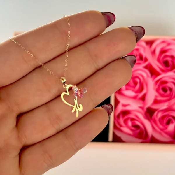 آویز طلا مادر و قلب و پروانه سنگی نارنجی زنانه دخترانه کادویی