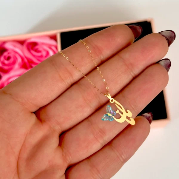 آویز طلا مامان نقطه قلب و پروانه سنگی آبی زنانه دخترانه کادویی
