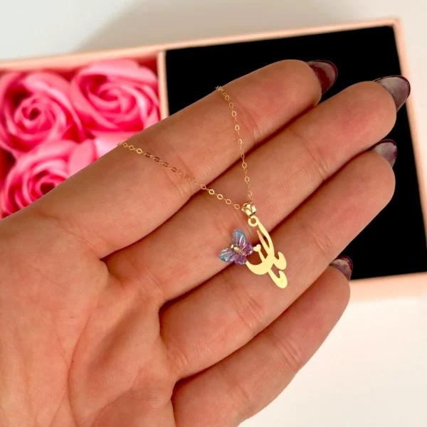 آویز طلا مامان نقطه قلب و پروانه سنگی بنفش آبی زنانه دخترانه کادویی