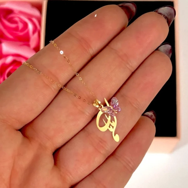 آویز طلا مامان نقطه پایین و پروانه سنگی صورتی زنانه دخترانه کادویی