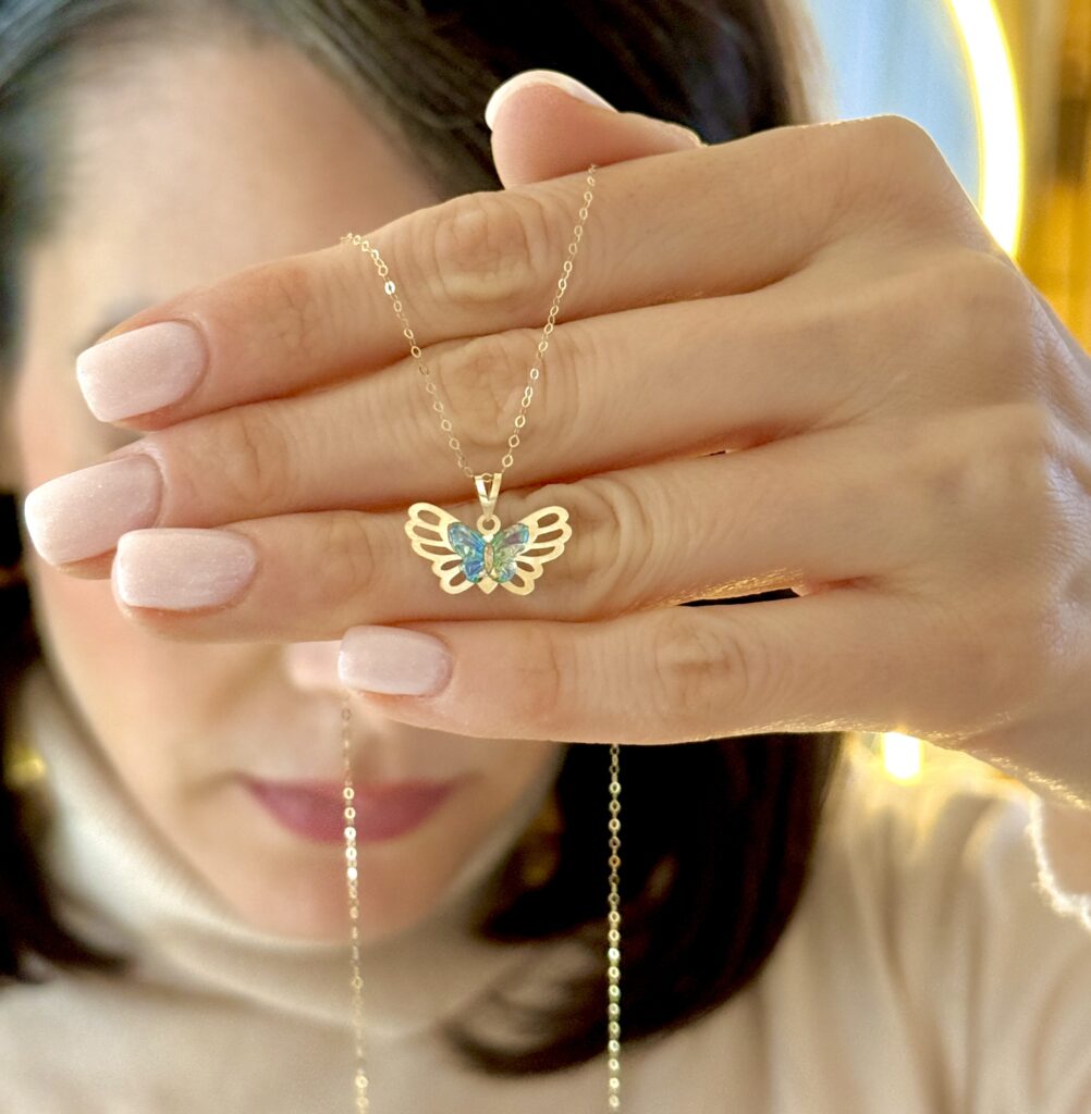 آویز طلا سوارفسکی پروانه سنگی آبی و سبز زنانه دخترانه کادویی