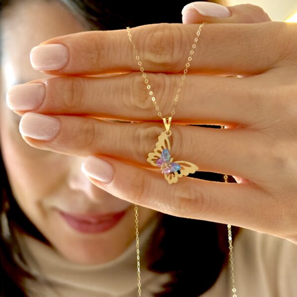 آویز طلا سوارفسکی پروانه سنگی بنفش و آبی زنانه دخترانه کادویی