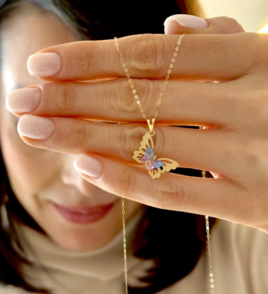 آویز طلا سوارفسکی پروانه سنگی بنفش و آبی زنانه دخترانه کادویی